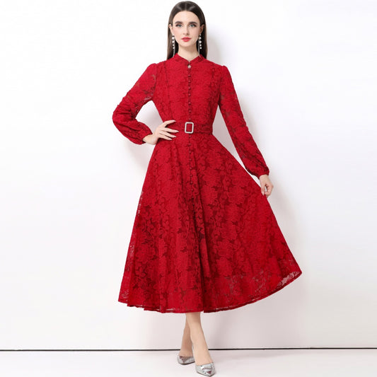 CM-DY063927 Women Elegant European Style Stand Collar Long Sleeve Lace Midi Dress - Red