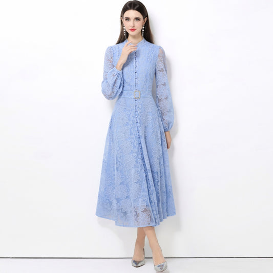CM-DY063928 Women Elegant European Style Stand Collar Long Sleeve Lace Midi Dress - Blue