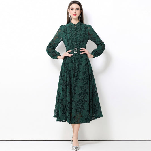 CM-DY063929 Women Elegant European Style Stand Collar Long Sleeve Lace Midi Dress - Green