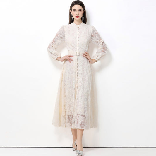 CM-DY063930 Women Elegant European Style Stand Collar Long Sleeve Lace Midi Dress - Apricot