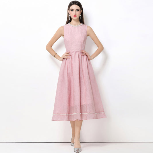 CM-DY063931 Women Elegant European Style Round Neck Sleeveless High Waist Midi Dress - Pink