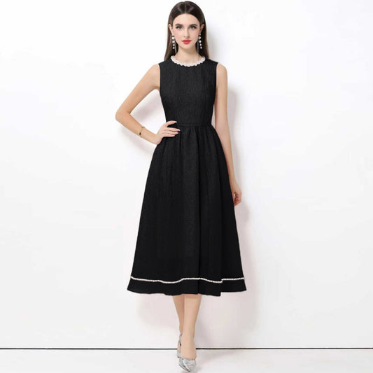 CM-DY063932 Women Elegant European Style Round Neck Sleeveless High Waist Midi Dress - Black