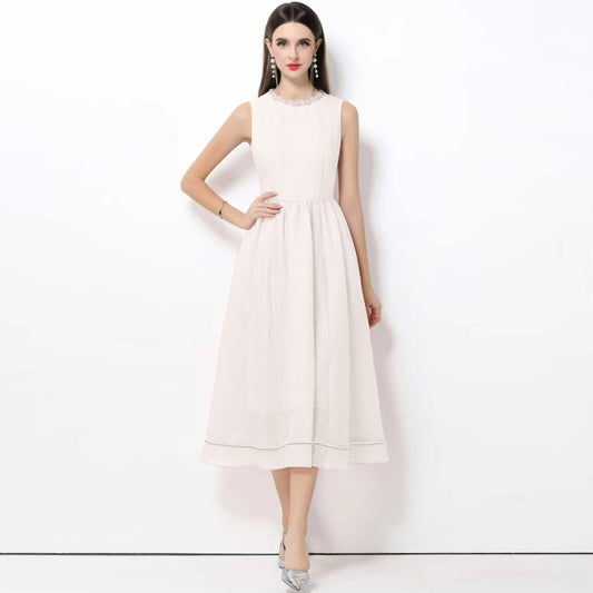 CM-DY063933 Women Elegant European Style Round Neck Sleeveless High Waist Midi Dress - Apricot