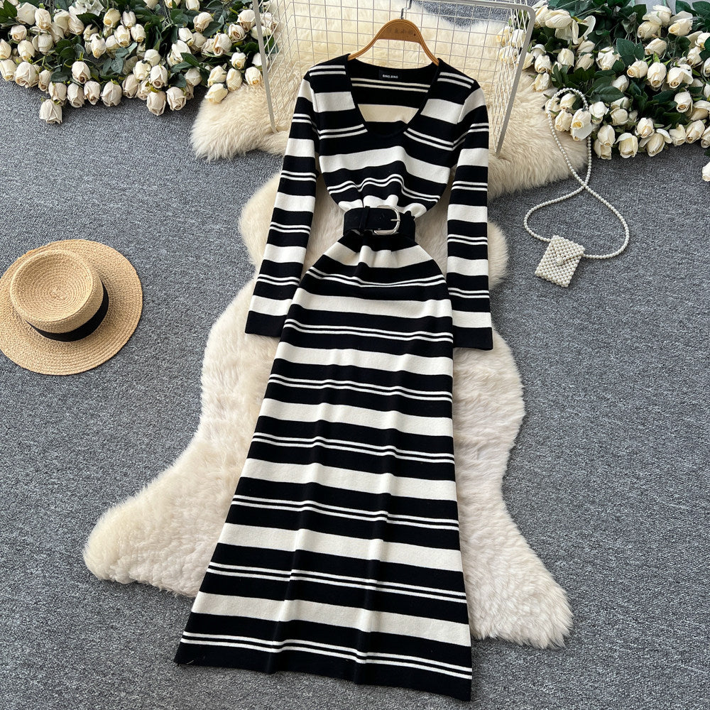 CM-DY064049 Women Elegant European Style Striped V-Neck Long Sleeve Pinched Waist Dress