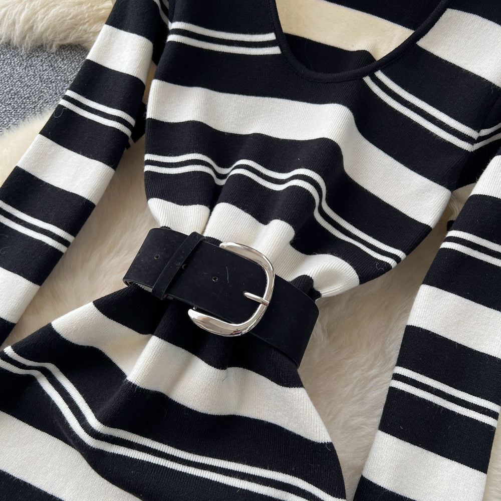 CM-DY064049 Women Elegant European Style Striped V-Neck Long Sleeve Pinched Waist Dress