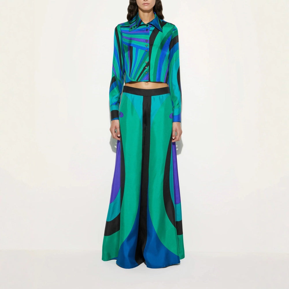 CM-SY064221 Women Elegant European Style Satin Collar Neckline Long Sleeve Crop Blouse With Wide Leg Pants - Set