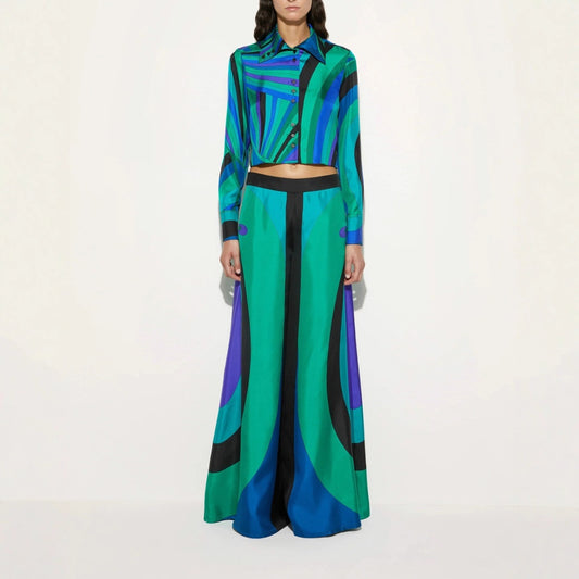 CM-SY064221 Women Elegant European Style Satin Collar Neckline Long Sleeve Crop Blouse With Wide Leg Pants - Set