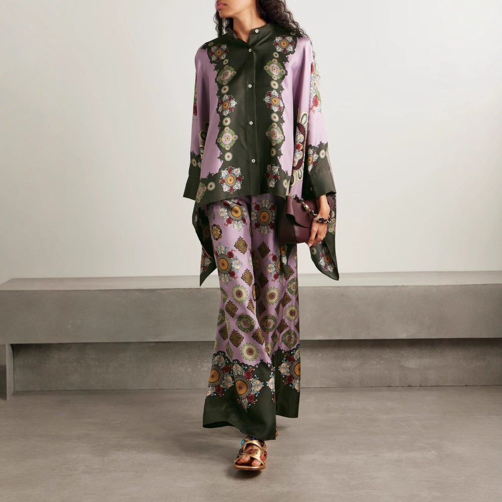 CM-SY064222 Women Elegant European Style Satin Stand Collar Batwing Sleeve Blouse With Loose Long Pants - Set