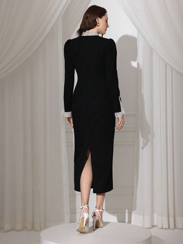 CM-DS799859 Women Elegant Seoul Style V-Neck Puff Sleeve Colorblock Long Bodycon Dress - Black