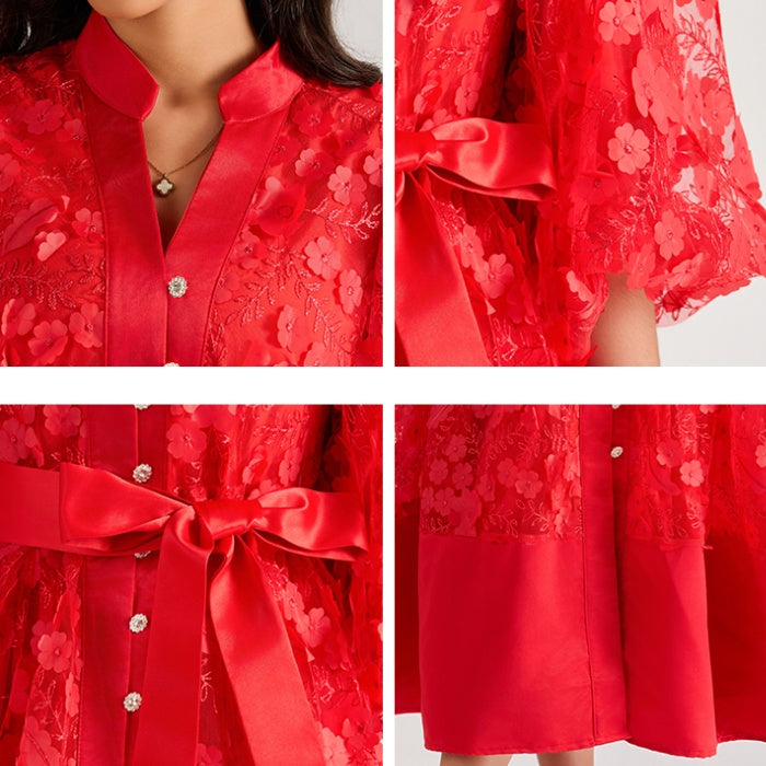 CM-DY064873 Women Elegant European Style Hollow Embroidery V-Neck Half Sleeve Long Dress (Available in 4 colors)