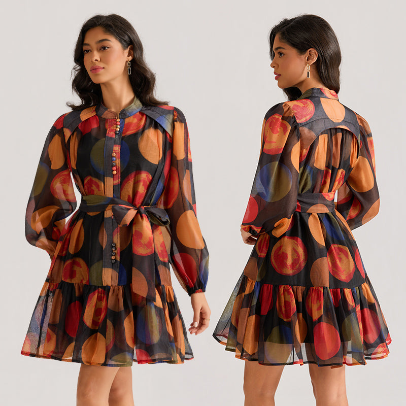 CM-DY064876 Women Elegant European Style Stand Collar Long Sleeve Gauze Mini Dress