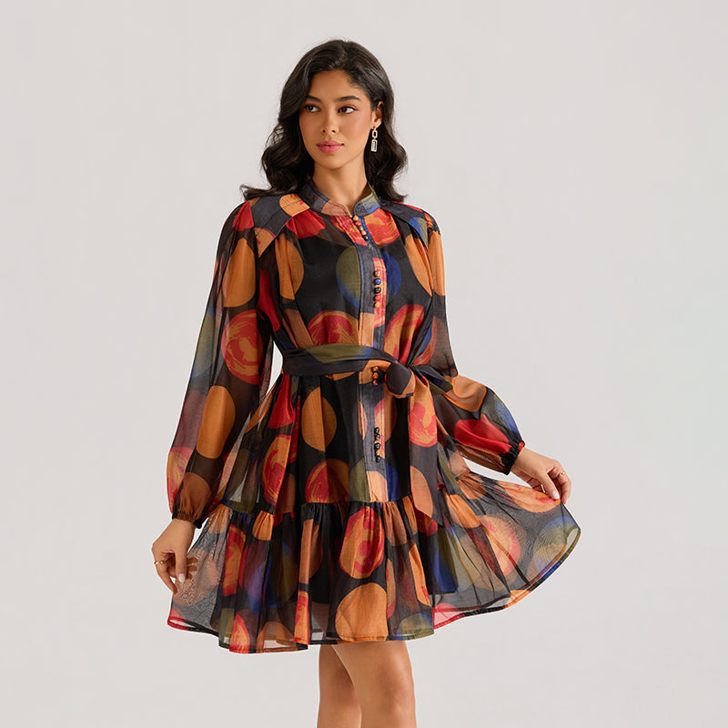 CM-DY064876 Women Elegant European Style Stand Collar Long Sleeve Gauze Mini Dress