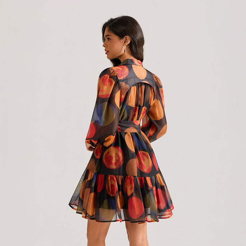 CM-DY064876 Women Elegant European Style Stand Collar Long Sleeve Gauze Mini Dress