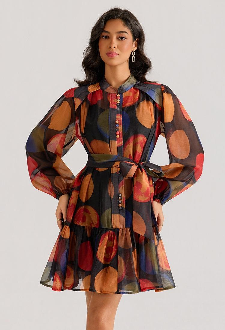 CM-DY064876 Women Elegant European Style Stand Collar Long Sleeve Gauze Mini Dress