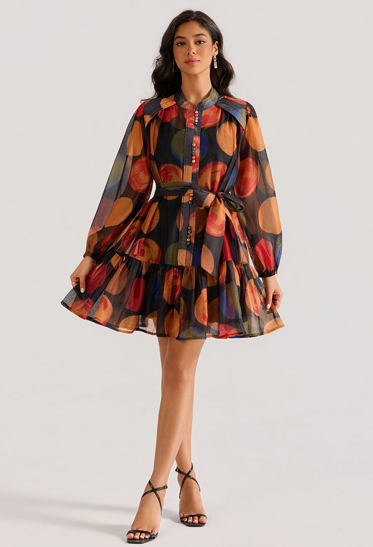 CM-DY064876 Women Elegant European Style Stand Collar Long Sleeve Gauze Mini Dress