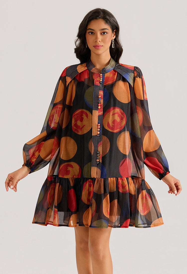 CM-DY064876 Women Elegant European Style Stand Collar Long Sleeve Gauze Mini Dress