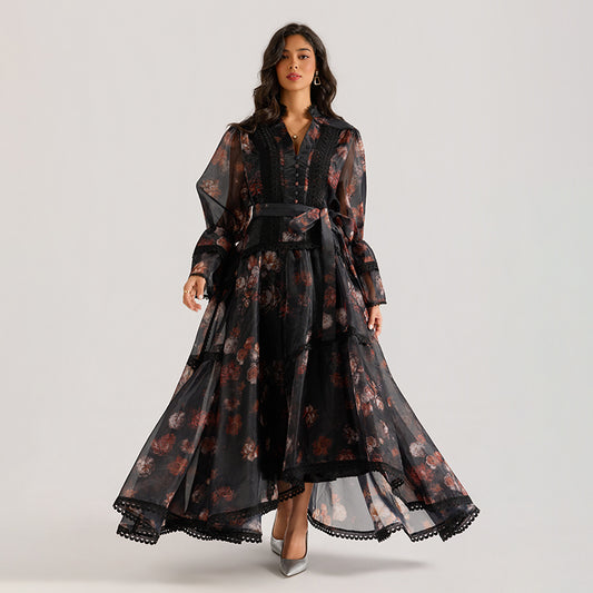 CM-DY064877 Women Elegant Seoul Style Lace Stand Collar Trumpet Sleeve Floral Print Long Dress - Black