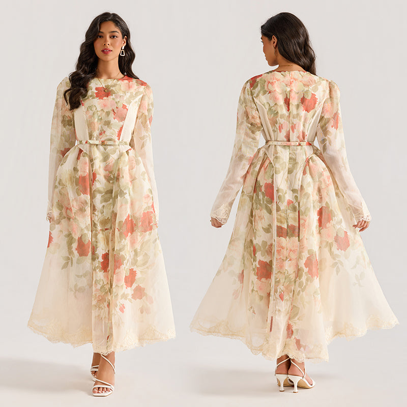 CM-DY064878 Women Elegant European Style All-Over Print Round Neck Long Sleeve Maxi Dress