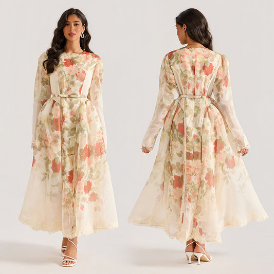 CM-DY064878 Women Elegant European Style All-Over Print Round Neck Long Sleeve Maxi Dress