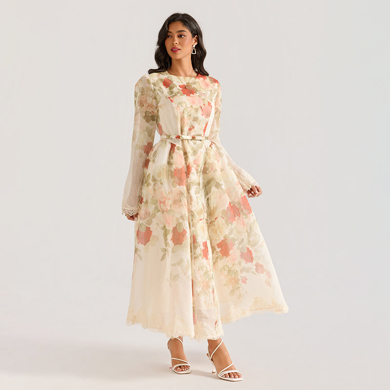 CM-DY064878 Women Elegant European Style All-Over Print Round Neck Long Sleeve Maxi Dress