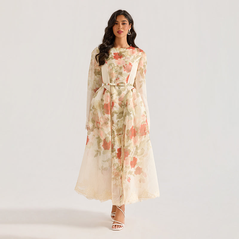 CM-DY064878 Women Elegant European Style All-Over Print Round Neck Long Sleeve Maxi Dress