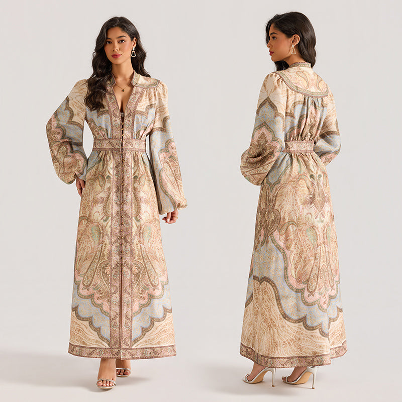 CM-DY064879 Women Elegant European Style V-Neck Long Sleeve All-Over Print Maxi Dress