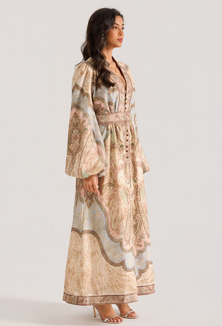 CM-DY064879 Women Elegant European Style V-Neck Long Sleeve All-Over Print Maxi Dress