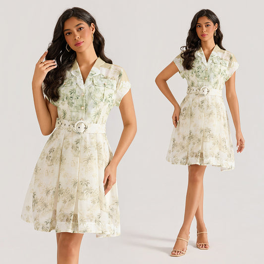 CM-DY064880 Women Elegant European Style Collar Neckline Short Sleeve Painting Print Mini Dress