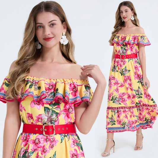 CM-DY064907 Women Elegant European Style Off the Shoulder Short Sleeve Floral Print Long Dress