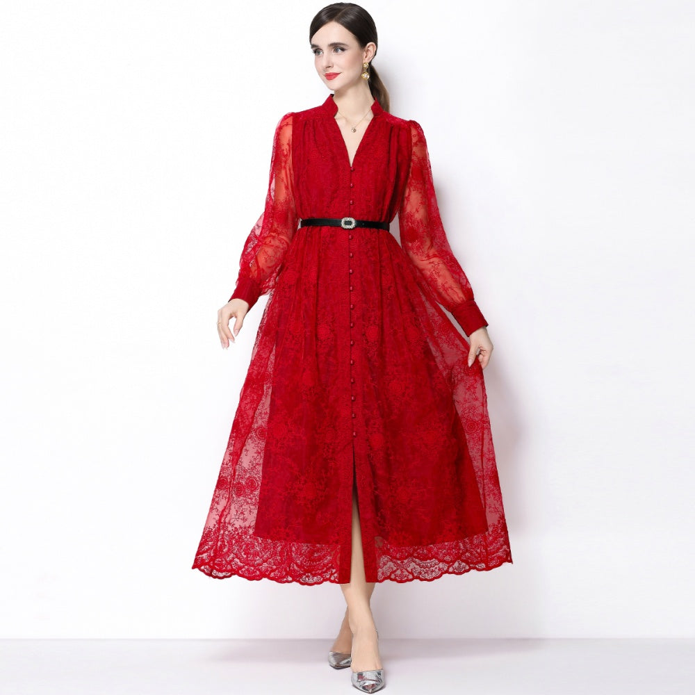 CM-DY064918 Women Elegant European Style Lace Embroidery Stand Collar Lantern Sleeve Mid-Length Dress - Wine Red