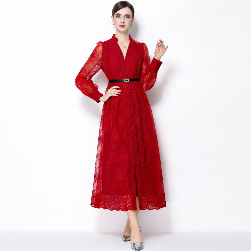 CM-DY064918 Women Elegant European Style Lace Embroidery Stand Collar Lantern Sleeve Mid-Length Dress - Wine Red