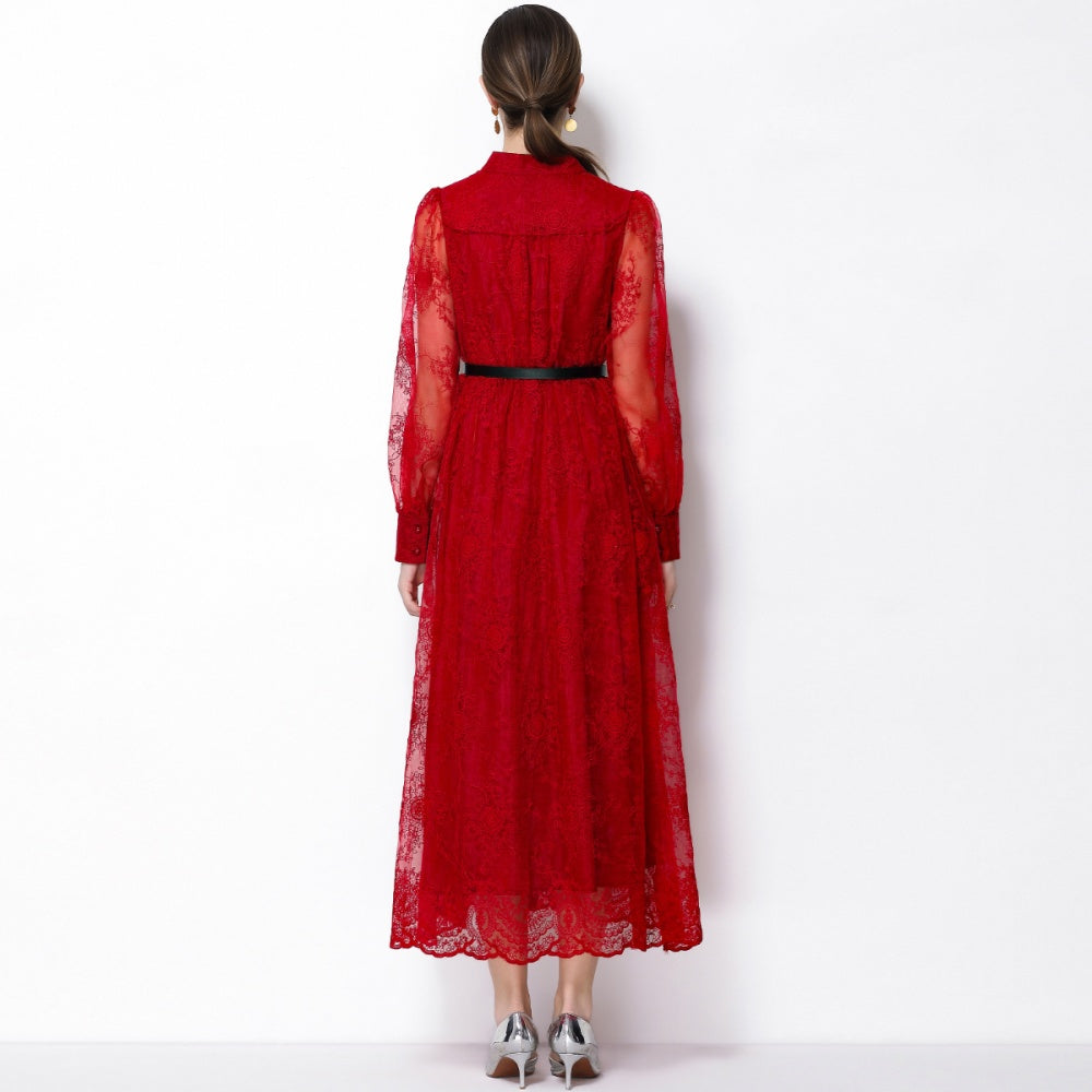 CM-DY064918 Women Elegant European Style Lace Embroidery Stand Collar Lantern Sleeve Mid-Length Dress - Wine Red