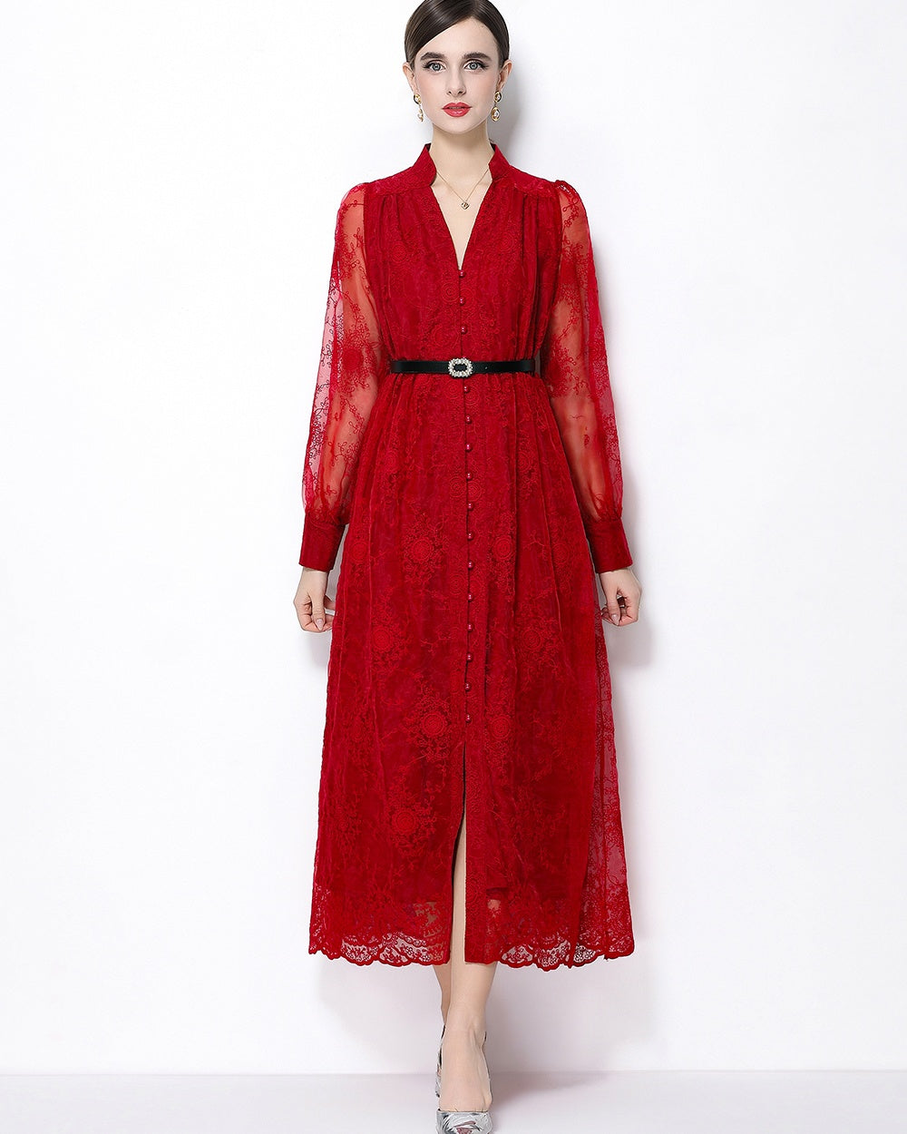 CM-DY064918 Women Elegant European Style Lace Embroidery Stand Collar Lantern Sleeve Mid-Length Dress - Wine Red