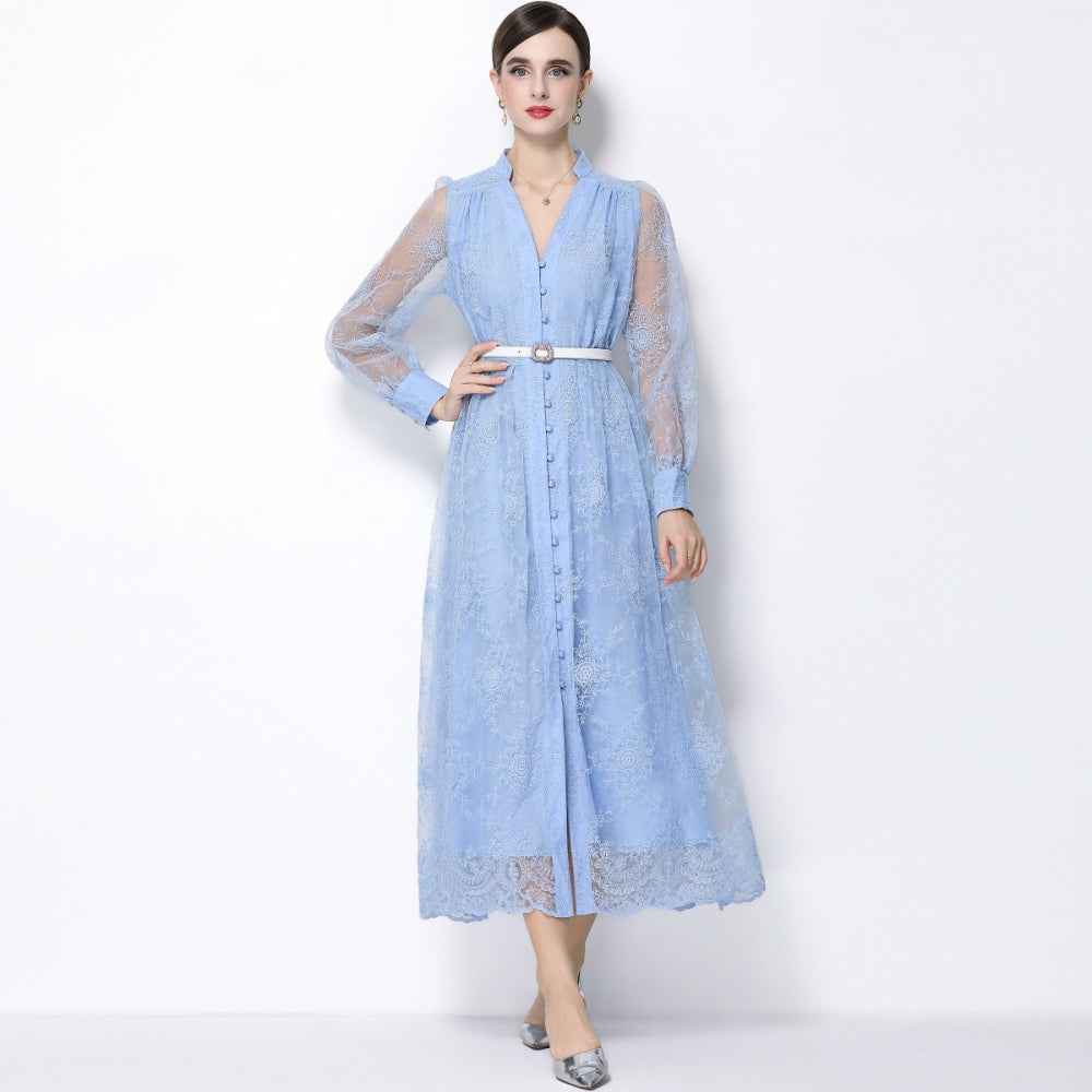 CM-DY064919 Women Elegant European Style Lace Embroidery Stand Collar Lantern Sleeve Mid-Length Dress - Blue