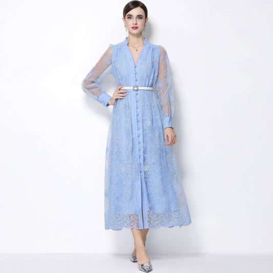 CM-DY064919 Women Elegant European Style Lace Embroidery Stand Collar Lantern Sleeve Mid-Length Dress - Blue