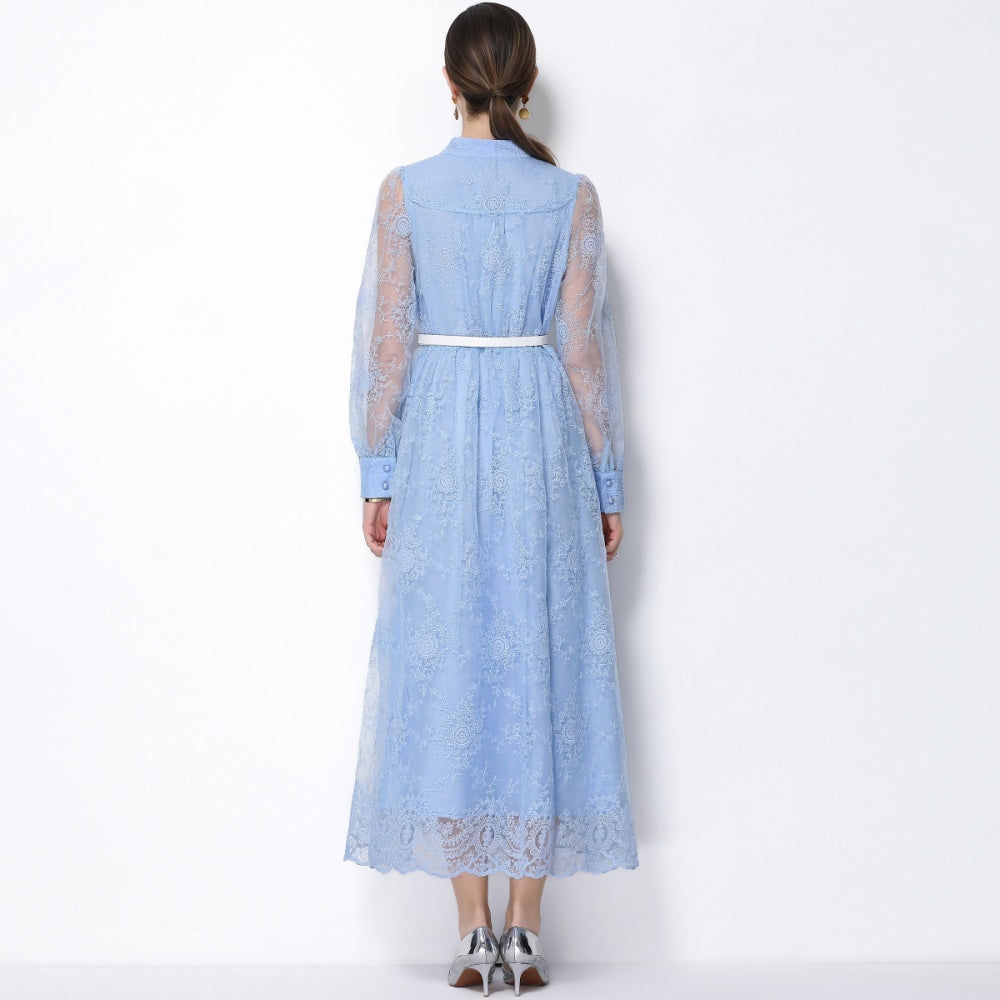 CM-DY064919 Women Elegant European Style Lace Embroidery Stand Collar Lantern Sleeve Mid-Length Dress - Blue