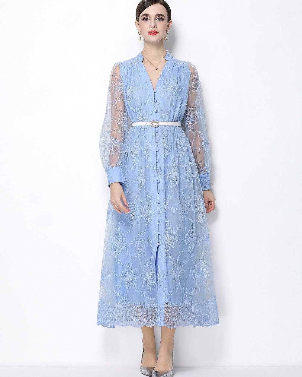 CM-DY064919 Women Elegant European Style Lace Embroidery Stand Collar Lantern Sleeve Mid-Length Dress - Blue