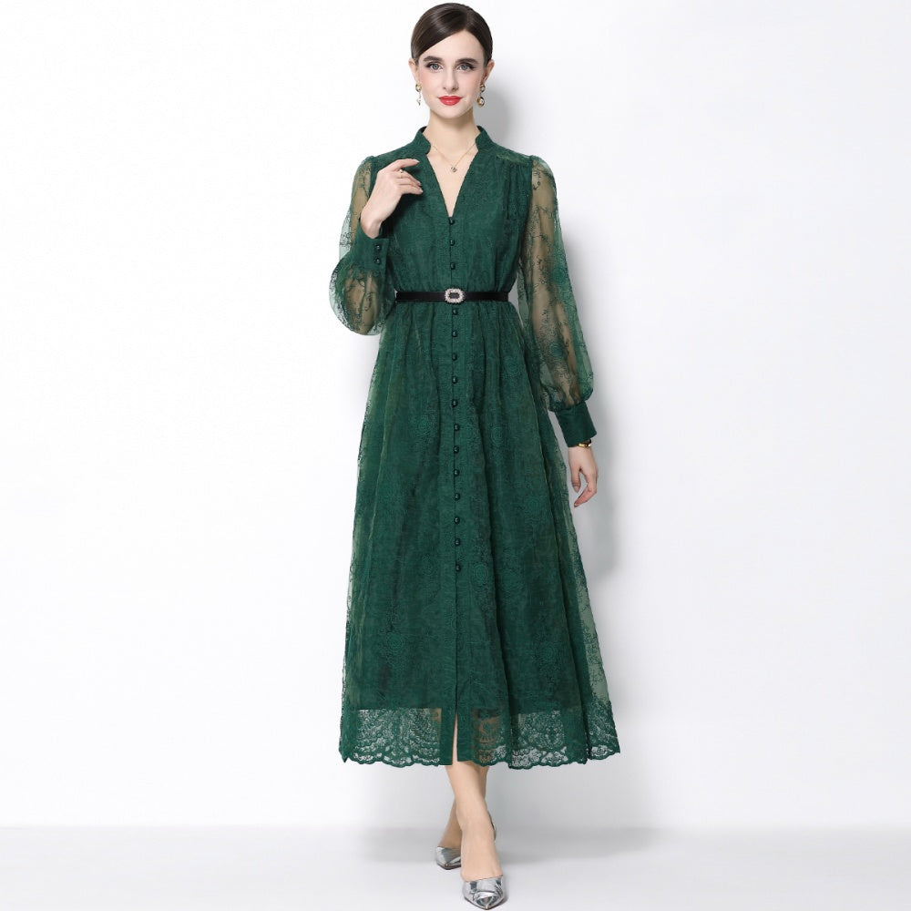 CM-DY064920 Women Elegant European Style Lace Embroidery Stand Collar Lantern Sleeve Mid-Length Dress - Green