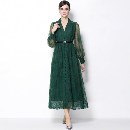 CM-DY064920 Women Elegant European Style Lace Embroidery Stand Collar Lantern Sleeve Mid-Length Dress - Green