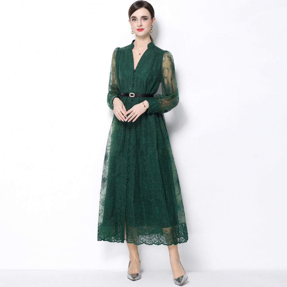 CM-DY064920 Women Elegant European Style Lace Embroidery Stand Collar Lantern Sleeve Mid-Length Dress - Green