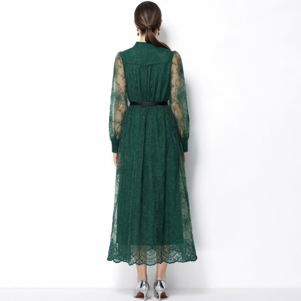 CM-DY064920 Women Elegant European Style Lace Embroidery Stand Collar Lantern Sleeve Mid-Length Dress - Green