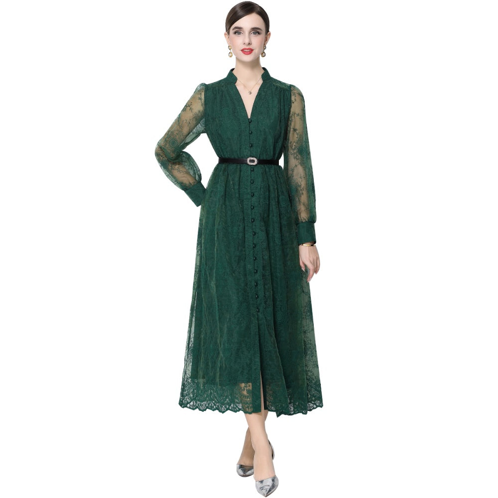 CM-DY064920 Women Elegant European Style Lace Embroidery Stand Collar Lantern Sleeve Mid-Length Dress - Green