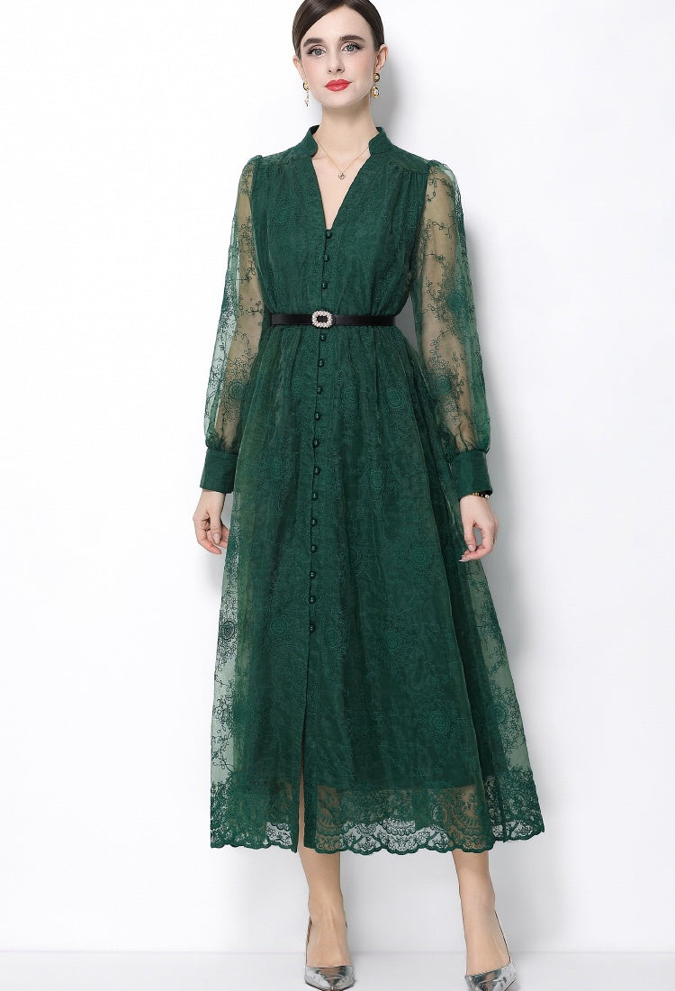 CM-DY064920 Women Elegant European Style Lace Embroidery Stand Collar Lantern Sleeve Mid-Length Dress - Green
