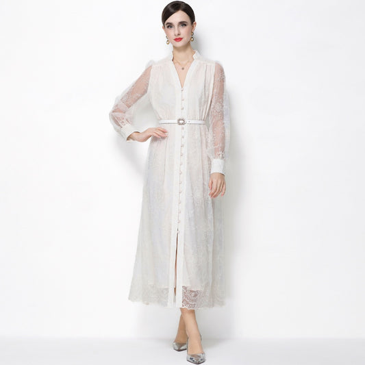CM-DY064921 Women Elegant European Style Lace Embroidery Stand Collar Lantern Sleeve Mid-Length Dress - Apricot