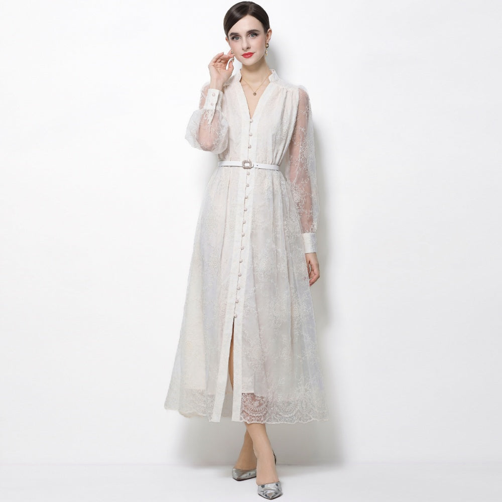 CM-DY064921 Women Elegant European Style Lace Embroidery Stand Collar Lantern Sleeve Mid-Length Dress - Apricot