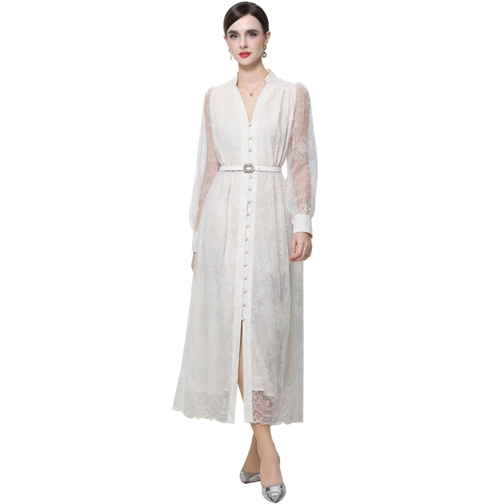 CM-DY064921 Women Elegant European Style Lace Embroidery Stand Collar Lantern Sleeve Mid-Length Dress - Apricot