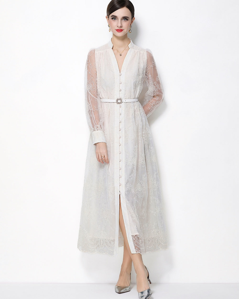 CM-DY064921 Women Elegant European Style Lace Embroidery Stand Collar Lantern Sleeve Mid-Length Dress - Apricot