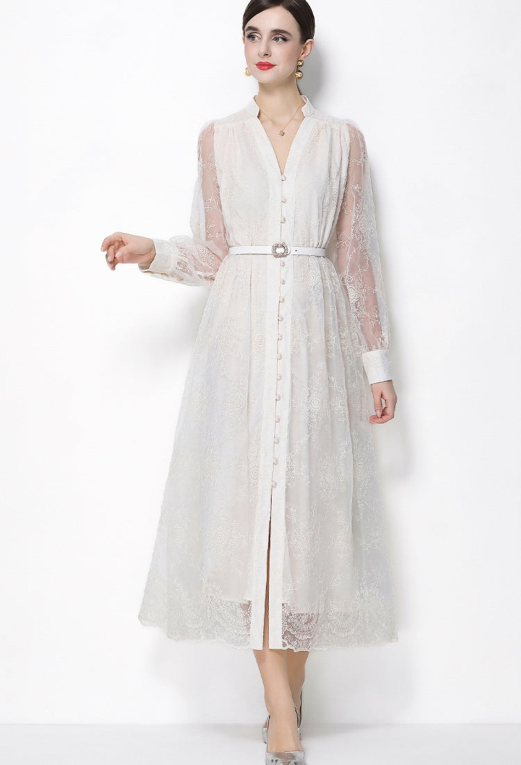 CM-DY064921 Women Elegant European Style Lace Embroidery Stand Collar Lantern Sleeve Mid-Length Dress - Apricot