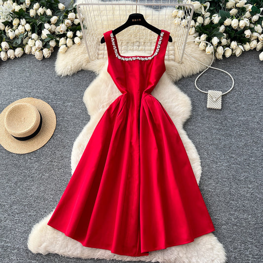 CM-DY064995 Women Elegant European Style Rhinestone Square Collar Sleeveless A-Line Long Dress (Available in 4 colors)