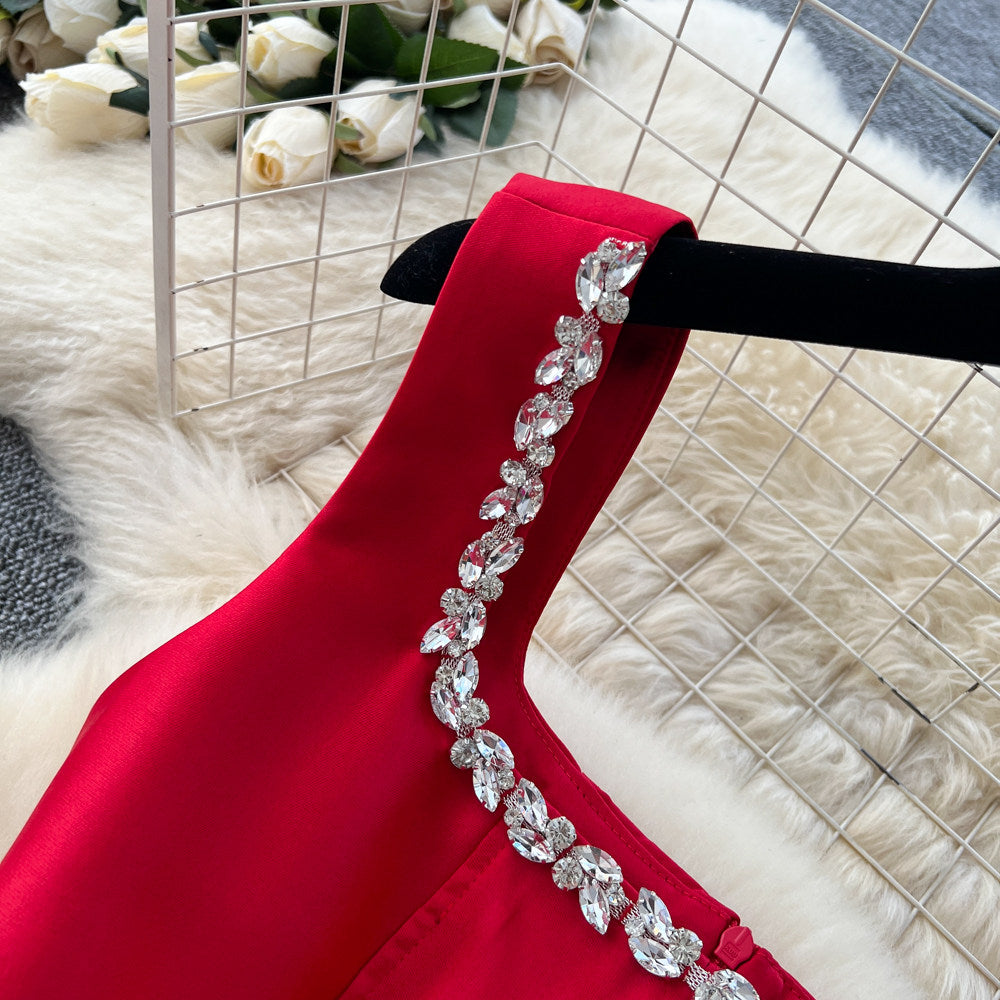 CM-DY064995 Women Elegant European Style Rhinestone Square Collar Sleeveless A-Line Long Dress (Available in 4 colors)